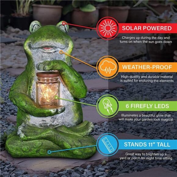 Solar Frog Statue with LED Firefly Lights Glass Jar -  7"L x 6"W x 11"H - Picture 4 of 6